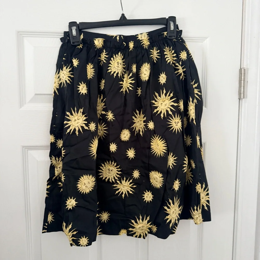 ModCloth Sun Celestial Print‎ Cotton A-Line Skirt Black Yellow Paperbag Waist 2